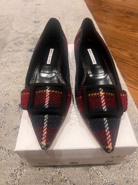 NWT Manolo Blahnik Maysale Pump Flat Plaid Wool Sz 40.5